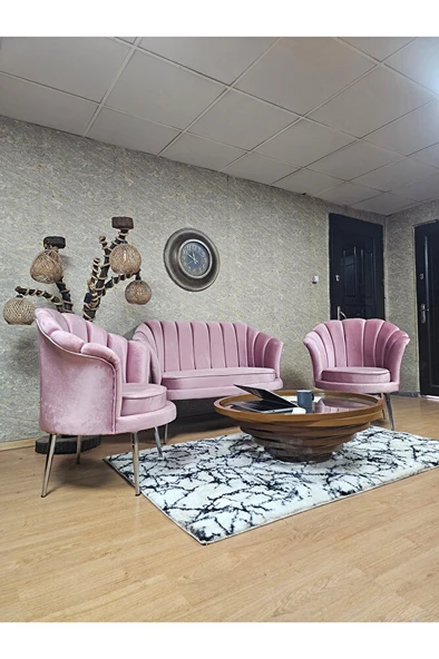 İstiridye Takım Krom Kaplama Sivriltme Ayak Çay Seti Koltuk Takımı Pembe Renk 110 x 48 Boyut/Ebat - 3