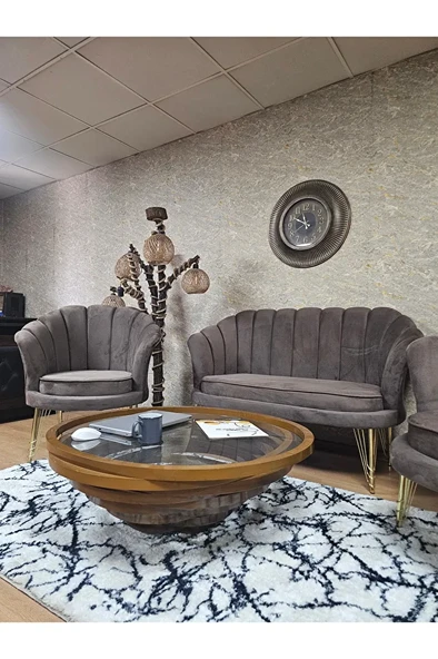 İstiridye Takım Gold Kaplama Telli Ayak Çay Seti Koltuk Takımı Kahverengi Renk 110 x 48 Boyut/Ebat - Resim 4