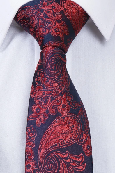 Esgue Hand Made 7.5 cm Kırmızı Lacivert Damla Desen Mendilli Kravat - Resim 3