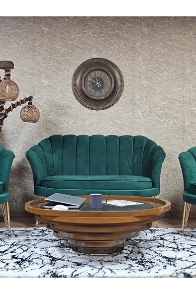 İstiridye Takım Gold Kaplama Telli Ayak Çay Seti Koltuk Takımı Yeşil Renk 110 x 48 Boyut/Ebat - 2