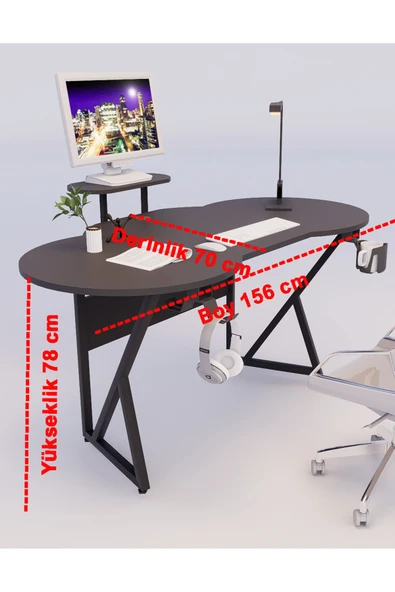 Michael Brean Özel Oval Tasarım Oyuncu Masası 156 Cm Bardaklık Ve Kulaklık Tutucu Hediye - 7