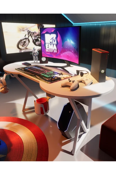 Michael Brean Özel Oval Tasarım Oyuncu Masası 156 Cm Bardaklık Ve Kulaklık Tutucu Hediye - 6