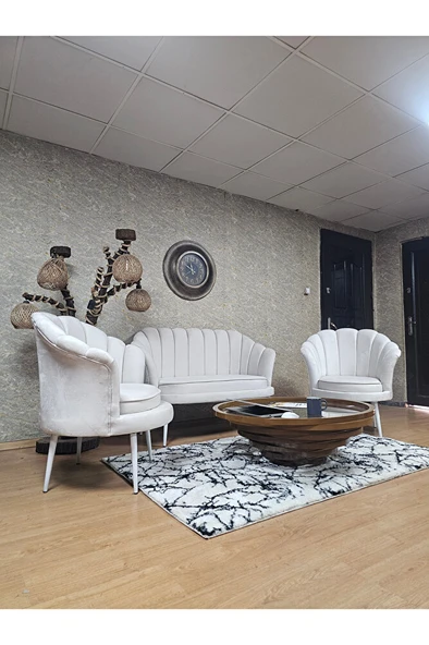 İstiridye Takım Beyaz Boyalı Sivriltme Ayak Çay Seti Koltuk Takımı Krem Renk 110 x 48 Boyut/Ebat - 3