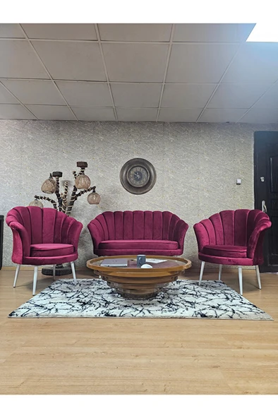 İstiridye Takım Beyaz Boyalı Sivriltme Ayak Çay Seti Koltuk Takımı Bordo Renk 110 x 48 Boyut/Ebat ürün görseli 1