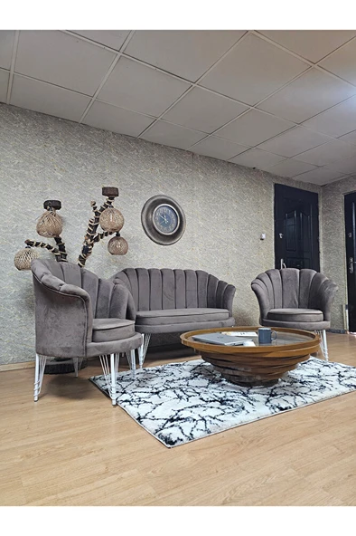 İstiridye Takım Beyaz Boyalı Telli Ayak Çay Seti Koltuk Takımı Kahverengi Renk 110 x 48 Boyut/Ebat - Resim 3