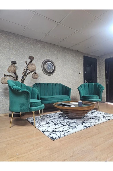 İstiridye Takım Gold Kaplama Sivriltme Ayak Çay Seti Koltuk Takımı Yeşil Renk 110 x 48 Boyut/Ebat - 3