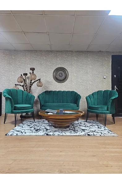 İstiridye Takım Siyah Boyalı Telli Ayak Çay Seti Koltuk Takımı Yeşil Renk 110 x 48 Boyut/Ebat ürün görseli 1