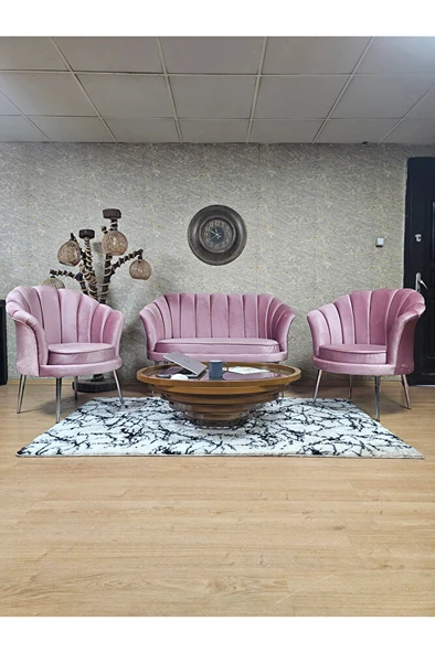 İstiridye Takım Krom Kaplama Sivriltme Ayak Çay Seti Koltuk Takımı Pembe Renk 110 x 48 Boyut/Ebat