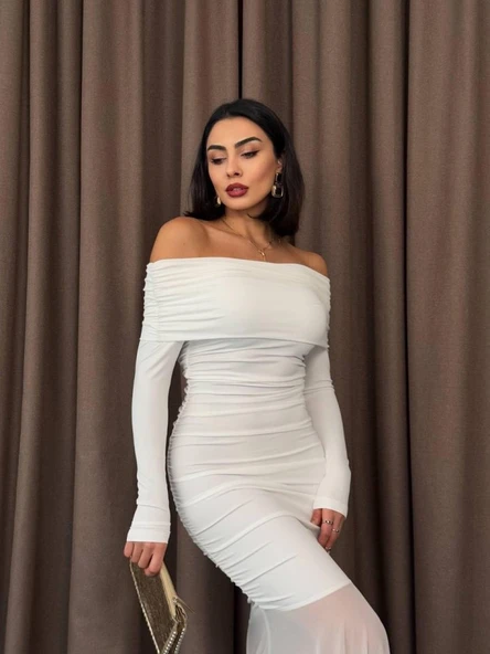 Tül Detaylı Straplez Elbise - Resim 3