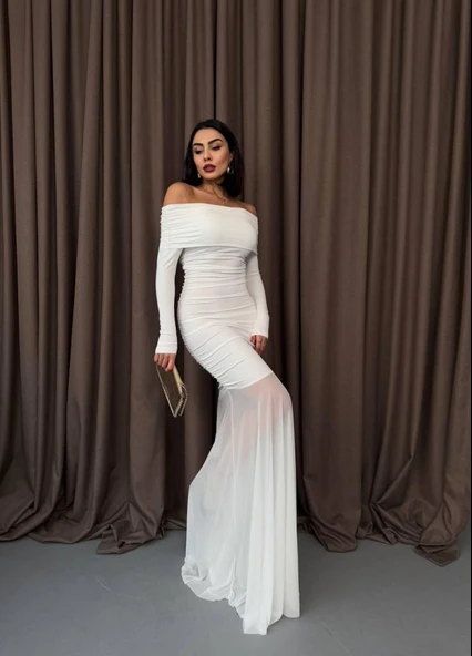 Tül Detaylı Straplez Elbise - Resim 2