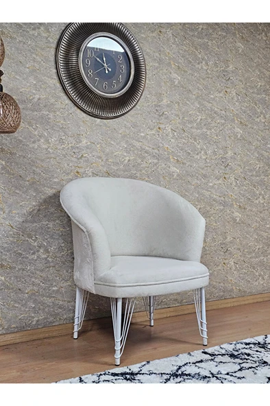 Tekli TEDDY Beyaz Boyalı Telli Ayak Çay Seti Koltuk Tekli Berjer , Balkon, Salon, Ofis Krem Renk 40,5 Boyut/Ebat - Resim 3