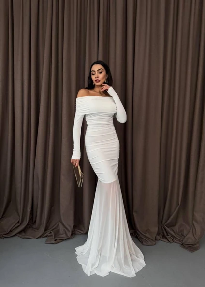 Tül Detaylı Straplez Elbise - Resim 4