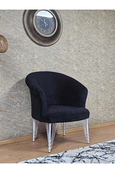 Tekli TEDDY Beyaz Boyalı Telli Ayak Çay Seti Koltuk Tekli Berjer , Balkon, Salon, Ofis Siyah Renk 40,5 Boyut/Ebat - Resim 3