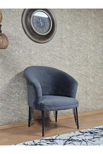 Tekli TEDDY Siyah Boyalı Telli Ayak Çay Seti Koltuk Tekli Berjer , Balkon, Salon, Ofis Füme Renk 40,5 Boyut/Ebat - Resim 3