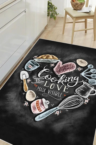 Dijital Baskılı Dekoratif Kaymaz Taban Yıkanabilir Cooking Love Halı Mutfak Halısı Yolluk Salon Halısı 100x400 cm Antrasit ürün görseli