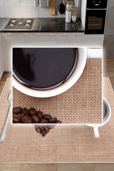 Dijital Baskılı Dekoratif Kaymaz Taban Yıkanabilir Kahve Desenli Halı Mutfak Halısı Yolluk Salon Halısı 80 x 200 cm Krem - Resim 3