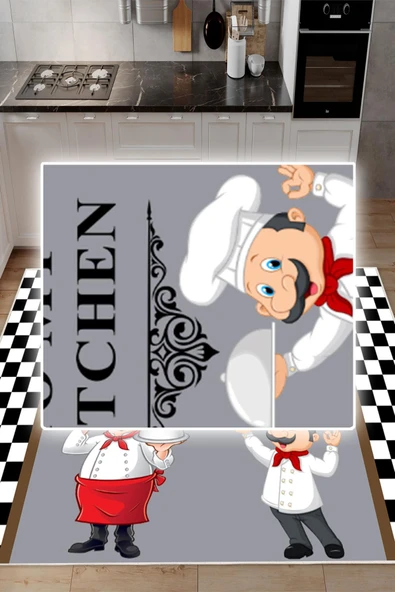 Dijital Baskılı Dekoratif Kaymaz Taban Yıkanabilir Aşçı Desenli Halı Mutfak Halısı Yolluk Salon Halısı 160x230 cm Gri - Resim 4