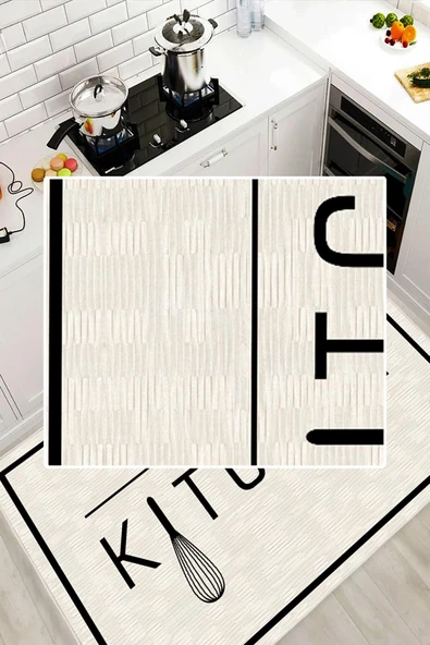 Dijital Baskılı Dekoratif Kaymaz Taban Yıkanabilir Modern Halı Mutfak Halısı Yolluk Salon Halısı 60 x 200  cm Krem - 3