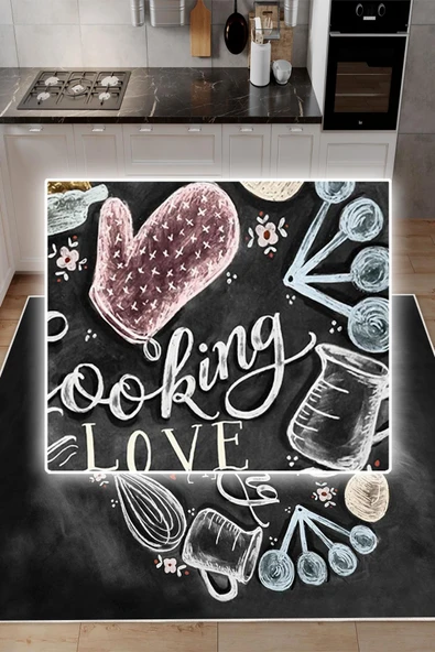 Dijital Baskılı Dekoratif Kaymaz Taban Yıkanabilir Cooking Love Halı Mutfak Halısı Yolluk Salon Halısı 60x100 cm Antrasit - Resim 3