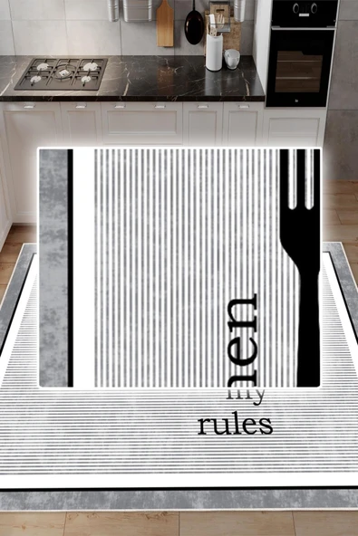 Dijital Baskılı Dekoratif Kaymaz Taban Yıkanabilir My Kitchen Desenli Halı Mutfak Halısı Yolluk Salon Halısı 80x200 cm Gri - Resim 3