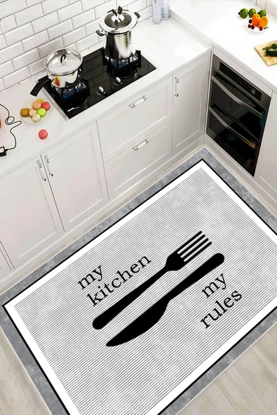 Dijital Baskılı Dekoratif Kaymaz Taban Yıkanabilir My Kitchen Desenli Halı Mutfak Halısı Yolluk Salon Halısı 200x300 cm Gri - 1