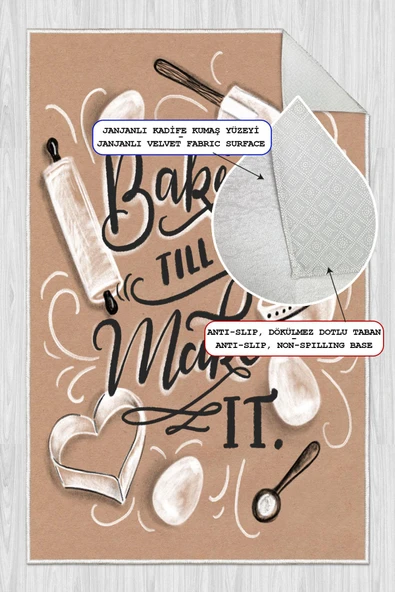 Dijital Baskılı Dekoratif Kaymaz Taban Yıkanabilir Bake Make It Desenli Halı Mutfak Halısı Yolluk Salon Halısı 100 x 500 cm Krem - Resim 2