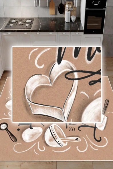 Dijital Baskılı Dekoratif Kaymaz Taban Yıkanabilir Bake Make It Desenli Halı Mutfak Halısı Yolluk Salon Halısı 200 x 290 cm Krem - Resim 4