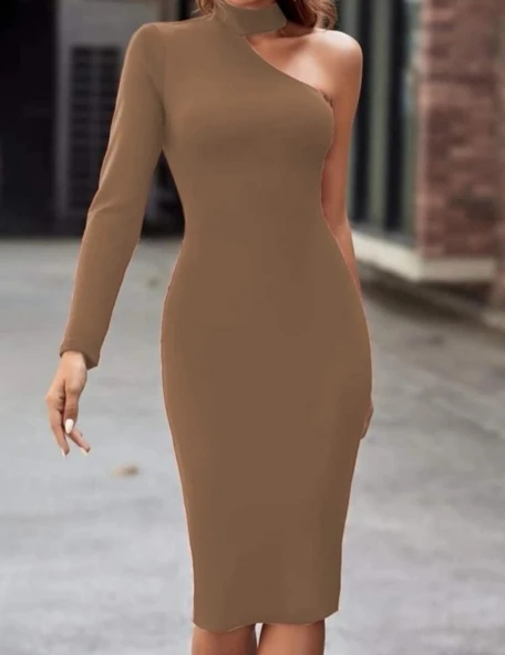 Kadın Uzun Kollu Tek Omuz Ve Kol Açık Detay Viskon Mini Boy Elbise - Resim 5