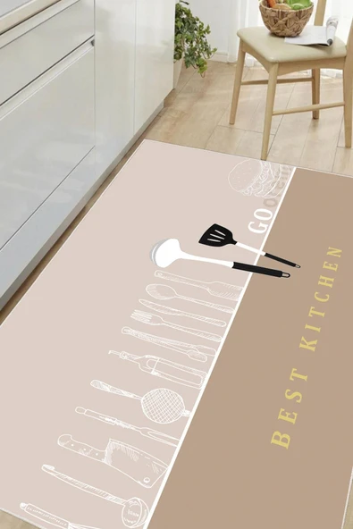 Dijital Baskılı Dekoratif Kaymaz Taban Yıkanabilir Halı Best Kıtchen Desenli utfak Halısı Yolluk Salon Halısı 160 x 230 cm Krem ürün görseli