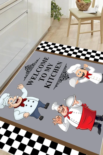 Dijital Baskılı Dekoratif Kaymaz Taban Yıkanabilir Aşçı Desenli Halı Mutfak Halısı Yolluk Salon Halısı 200x250 cm Gri - 1