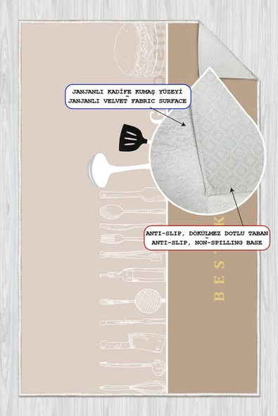 Dijital Baskılı Dekoratif Kaymaz Taban Yıkanabilir Halı Best Kıtchen Desenli utfak Halısı Yolluk Salon Halısı 120 x 300 cm Krem - Resim 3