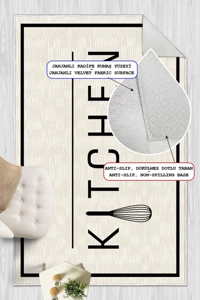 Dijital Baskılı Dekoratif Kaymaz Taban Yıkanabilir Modern Halı Mutfak Halısı Yolluk Salon Halısı 200 x 400 cm Krem - Resim 2