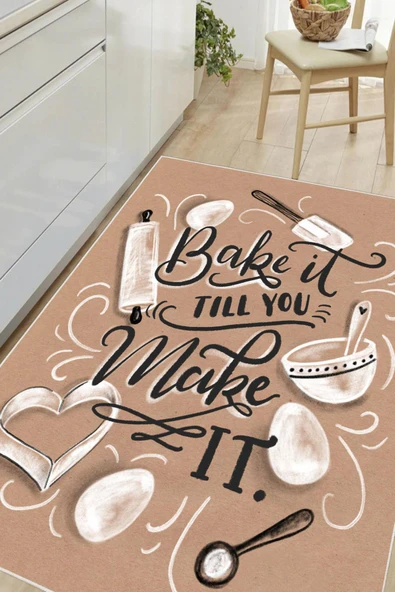 Dijital Baskılı Dekoratif Kaymaz Taban Yıkanabilir Bake Make It Desenli Halı Mutfak Halısı Yolluk Salon Halısı 80 x 500 cm Krem ürün görseli