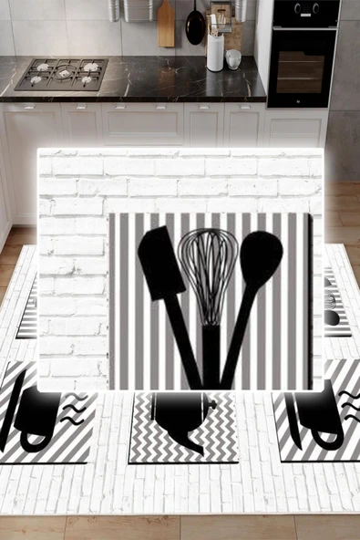 Dijital Baskılı Dekoratif Kaymaz Taban Yıkanabilir Mutfak Eşyası Desenli Halı Mutfak Halısı Yolluk Salon Halısı 200x300 cm Gri - Resim 4