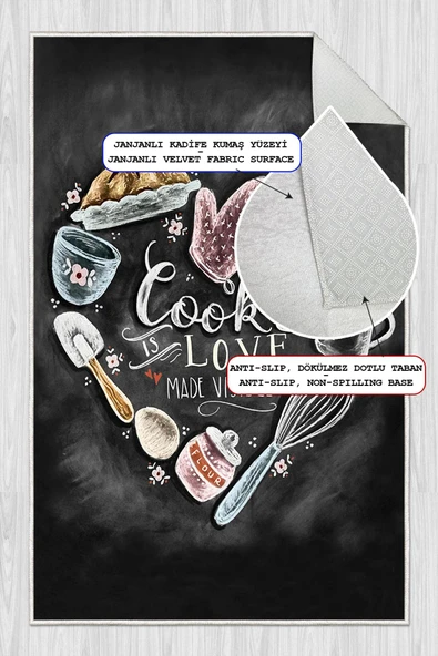 Dijital Baskılı Dekoratif Kaymaz Taban Yıkanabilir Cooking Love Halı Mutfak Halısı Yolluk Salon Halısı 60x300 cm Antrasit - 2