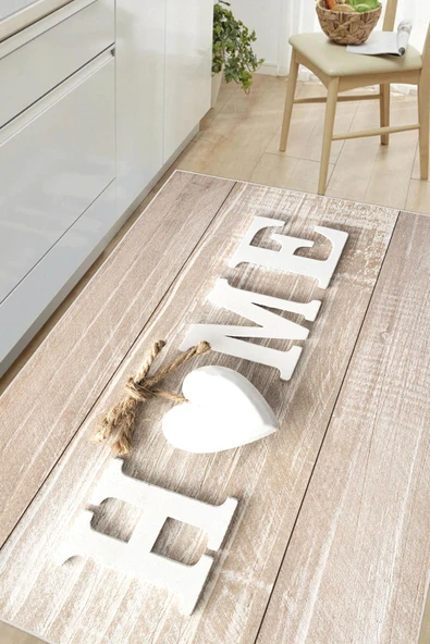 Dijital Baskılı Dekoratif Kaymaz Taban Yıkanabilir Kalp Desenli Halı Mutfak Halısı Yolluk Salon Halısı 120 x 300 cm Krem - 1