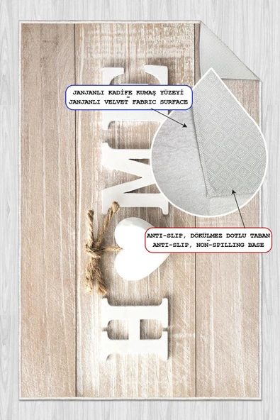 Dijital Baskılı Dekoratif Kaymaz Taban Yıkanabilir Kalp Desenli Halı Mutfak Halısı Yolluk Salon Halısı 100 x 400 cm Krem - Resim 2