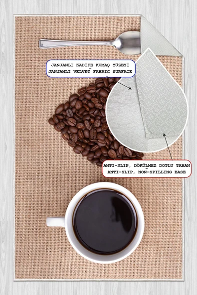 Dijital Baskılı Dekoratif Kaymaz Taban Yıkanabilir Kahve Desenli Halı Mutfak Halısı Yolluk Salon Halısı 50 x 60 cm Krem - Resim 2