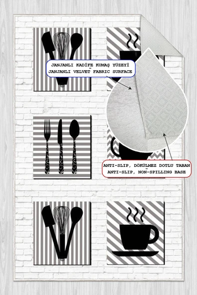 Dijital Baskılı Dekoratif Kaymaz Taban Yıkanabilir Mutfak Eşyası Desenli Halı Mutfak Halısı Yolluk Salon Halısı 200x290 cm Gri - Resim 2
