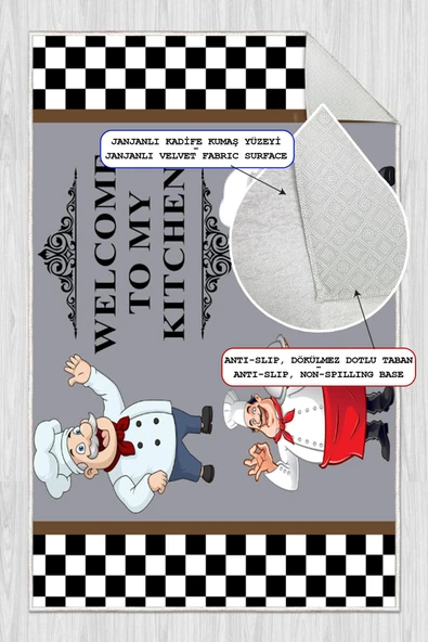 Dijital Baskılı Dekoratif Kaymaz Taban Yıkanabilir Aşçı Desenli Halı Mutfak Halısı Yolluk Salon Halısı 120x300 cm Gri - 3
