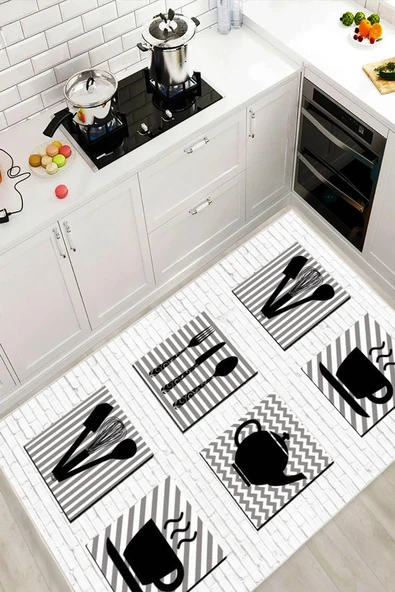 Dijital Baskılı Dekoratif Kaymaz Taban Yıkanabilir Mutfak Eşyası Desenli Halı Mutfak Halısı Yolluk Salon Halısı 60x100 cm Gri ürün görseli