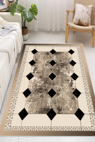 Dijital Baskılı Dekoratif Kaymaz Taban Yıkanabilir Çerceveli Halı Salon Halısı Yolluk Mutfak Halısı 100x250 cm Krem - Resim 2