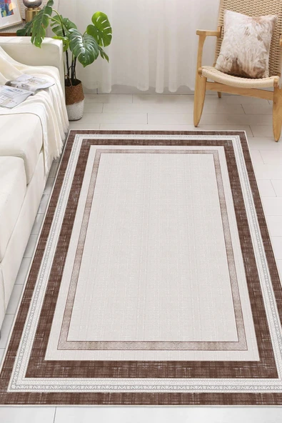 Dijital Baskılı Dekoratif Kaymaz Taban Yıkanabilir Çerceveli Halı Salon Halısı Yolluk Mutfak Halısı 80x250 cm Kahverengi - 2