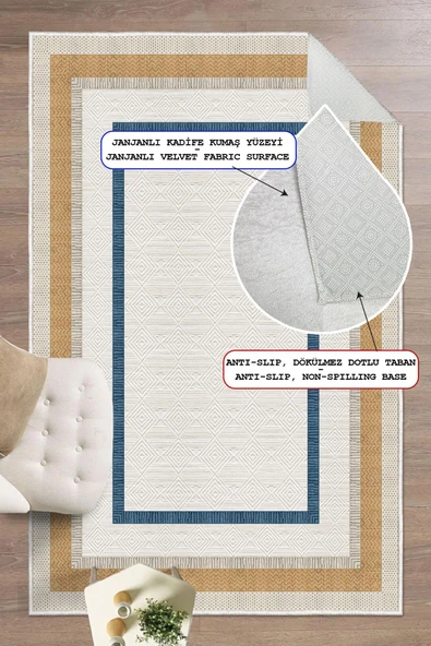 Dijital Baskılı Dekoratif Kaymaz Taban Yıkanabilir Çerçeveli Halı Salon Halısı Yolluk Mutfak Halısı 60 x 150  cm Altın - 1