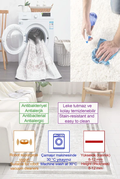 Dijital Baskılı Dekoratif Kaymaz Taban Yıkanabilir Çerceveli Halı Salon Halısı Yolluk Mutfak Halısı 100x250 cm Gri - 5