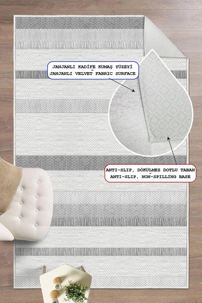 Dijital Baskılı Dekoratif Kaymaz Taban Yıkanabilir Geometrik Halı Salon Halısı Yolluk Mutfak Halısı 200 x 400 cm Gri - 2