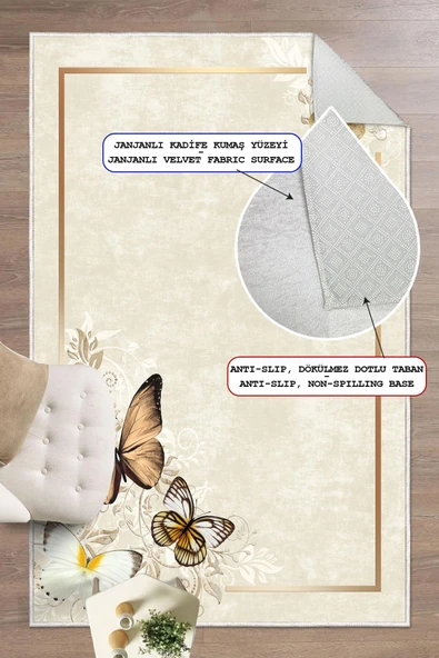 Dijital Baskılı Dekoratif Kaymaz Taban Yıkanabilir Kelebek Desen Halı Salon Halısı Yolluk Mutfak Halısı 160x200 cm Krem - 2