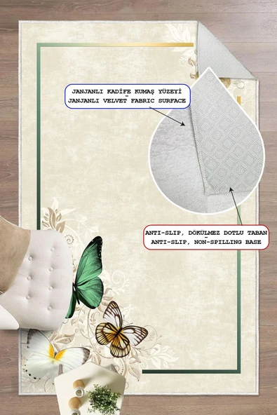Dijital Baskılı Dekoratif Kaymaz Taban Yıkanabilir Kelebek Desen Halı Salon Halısı Yolluk Mutfak Halısı 60x150 cm Yeşil - 1