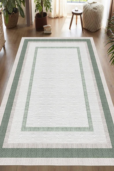 Dijital Baskılı Dekoratif Kaymaz Taban Yıkanabilir Çerçeveli Halı Salon Halısı Yolluk Mutfak Halısı 60 x 100 cm Yeşil - Resim 3