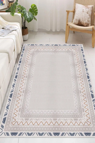 Dijital Baskılı Dekoratif Kaymaz Taban Yıkanabilir Modern Halı Salon Halısı Yolluk Mutfak Halısı 200x250 cm Bej - 2